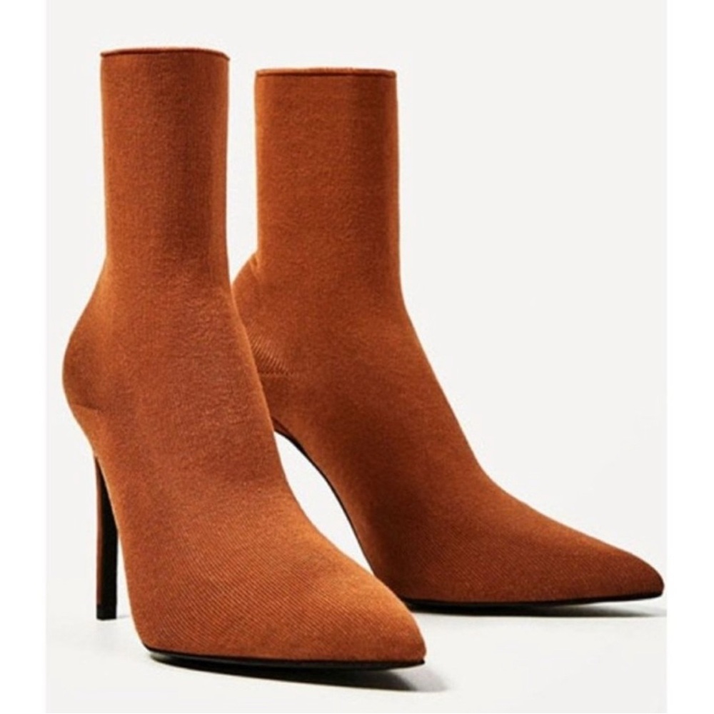 Zara Orange High Heel Sock Ankle Knit Bootie Size 6